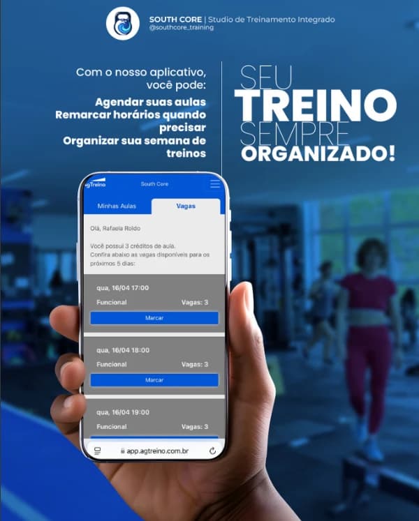 App agTreino exibindo a agenda de aulas da South Core com créditos disponíveis e horários para reserva