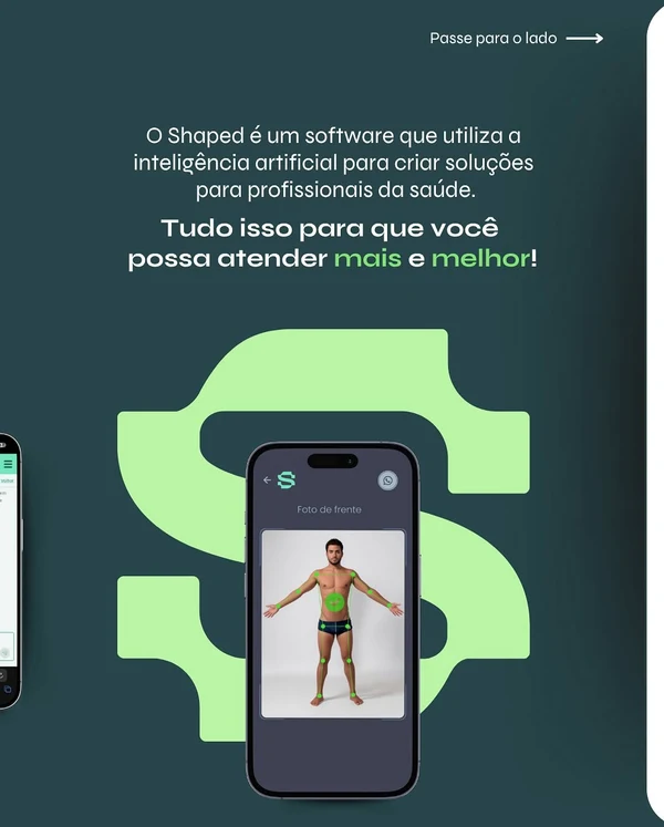 Apresentação do Shaped, software de avaliação física por inteligência artificial, com tela do app analisando uma foto corporal